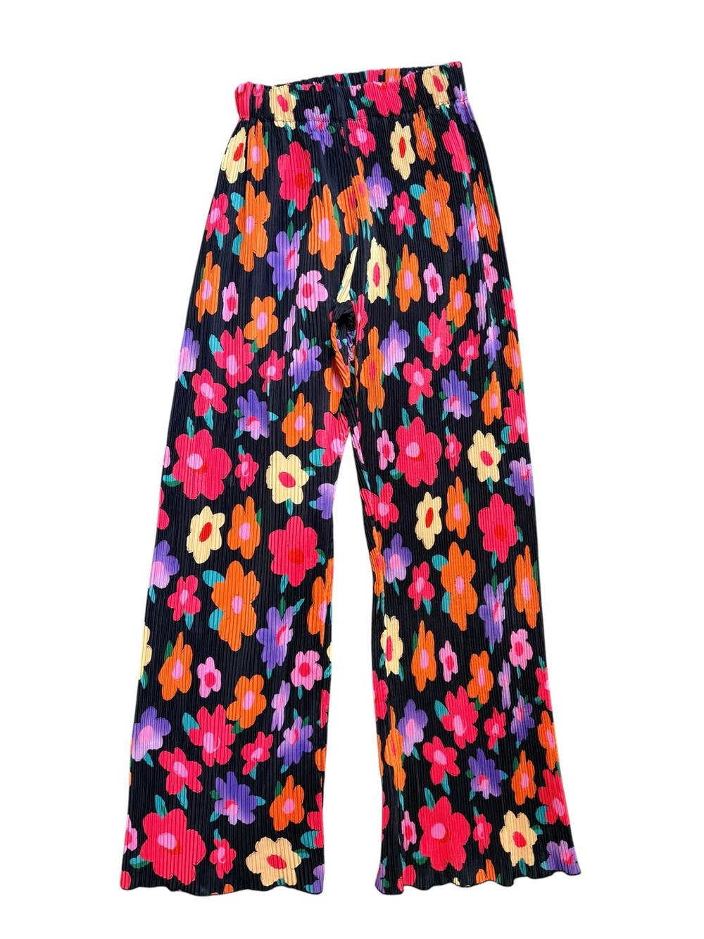 Floral Plisse Wide Leg Pants Black Multicolor High Rise Elastic Waist S - Picture 2 of 8